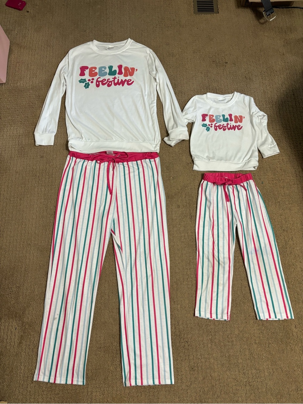 Kids 'Feelin' Festive' White & Pink Striped Pajama Set